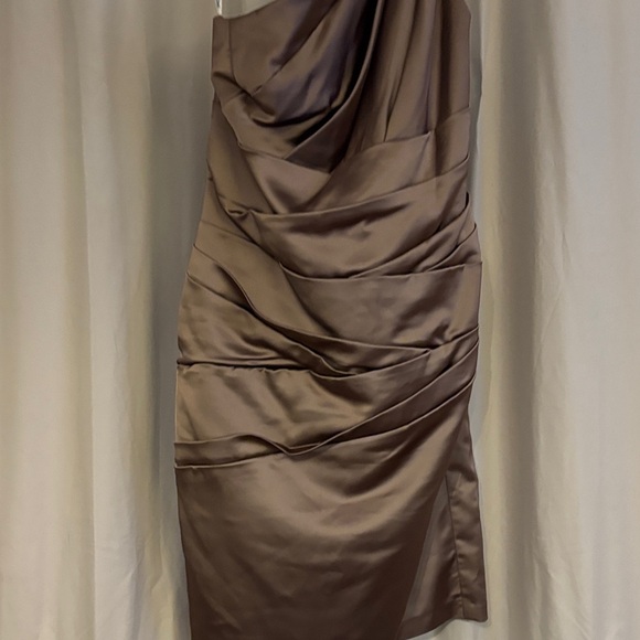 David's Bridal One-Shoulder Satin Dress champagne colored with matching sash - Picture 4 of 9